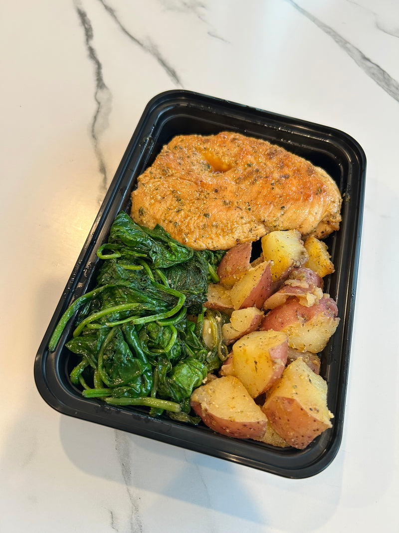 Sautéed Protein with Roasted Red Potatoes and Spinach