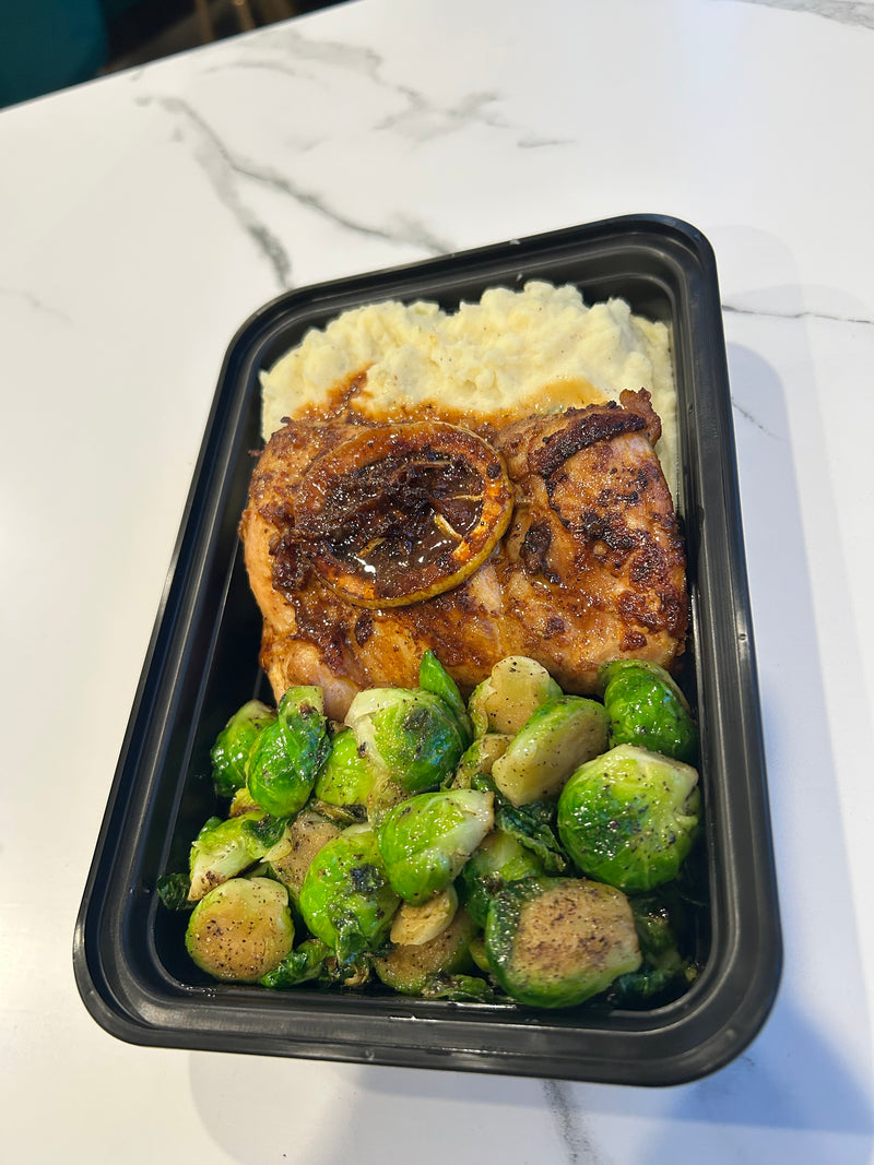 Lemon Garlic Chicken Thighs with Roasted Brussels Sprouts & Garlic Mashed Potatoes
